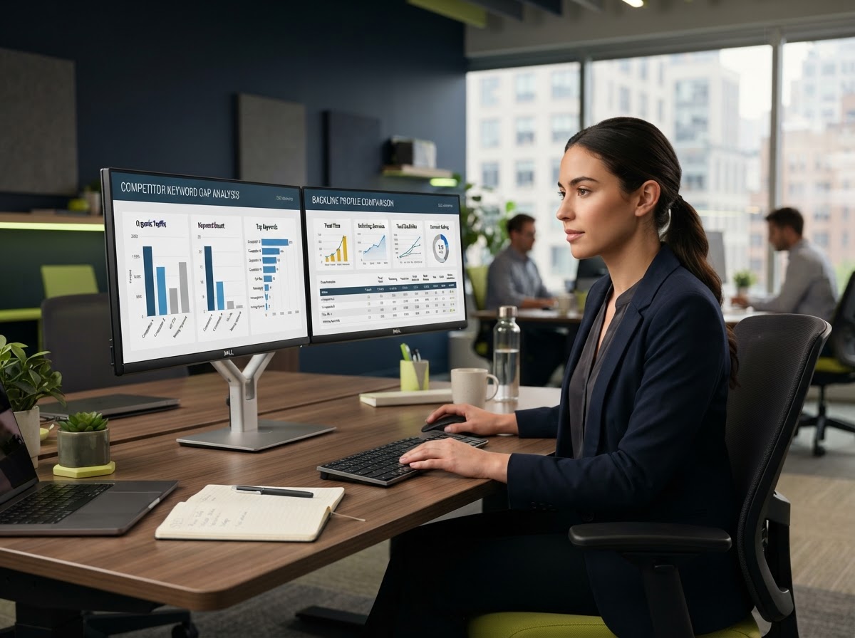 Competitor SEO gap analysis — analyst comparing competitor keywords and backlinks on dual monitors