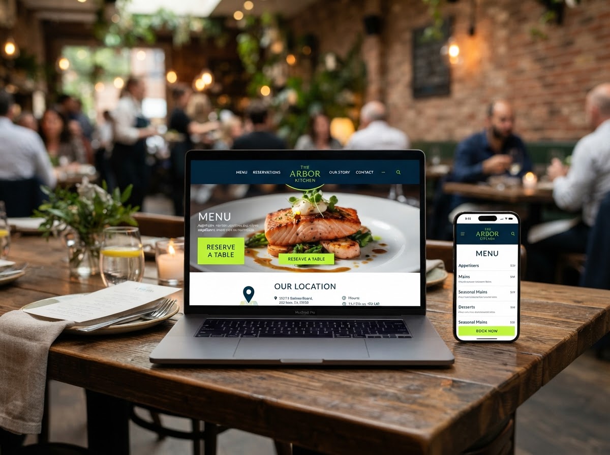 Restaurant website design — menu page, reservation button, and local SEO on mobile