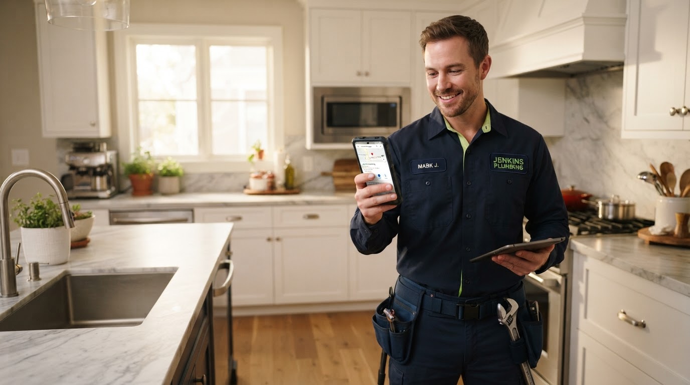 Reed Home Services owner checking Google Maps local search rankings on a smartphone inside a modern home