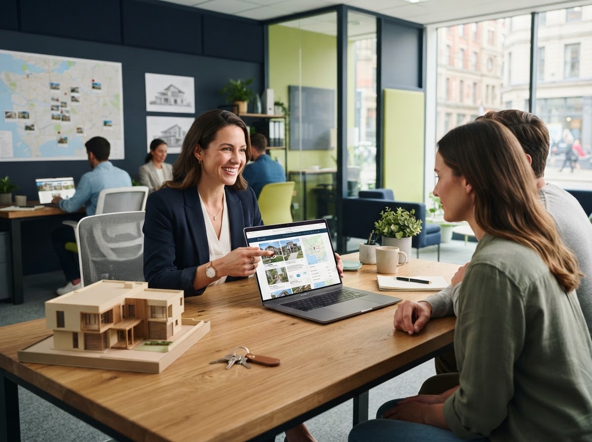A real estate agent reviewing property listings on a laptop in a modern office