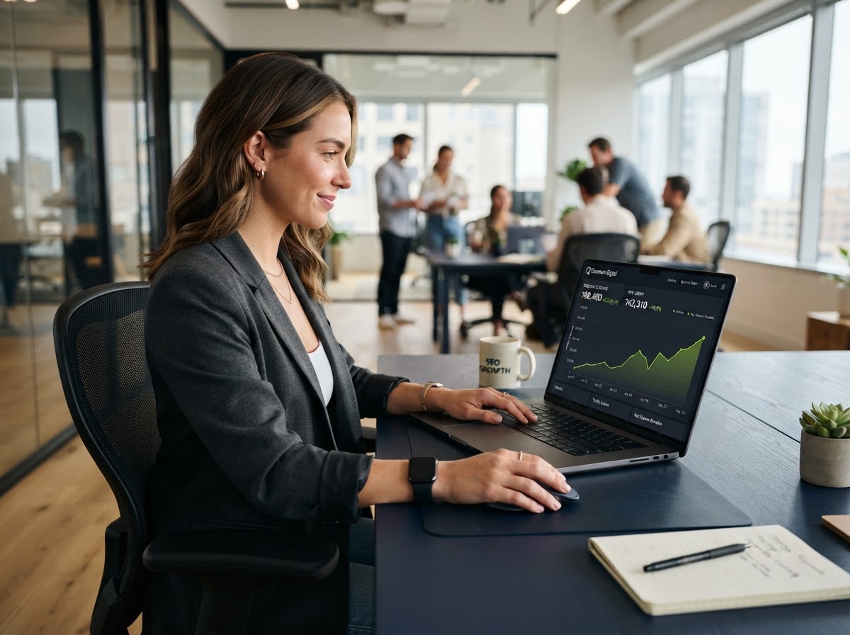 LocalRanky SEO specialist reviewing organic traffic growth on a laptop in a modern office