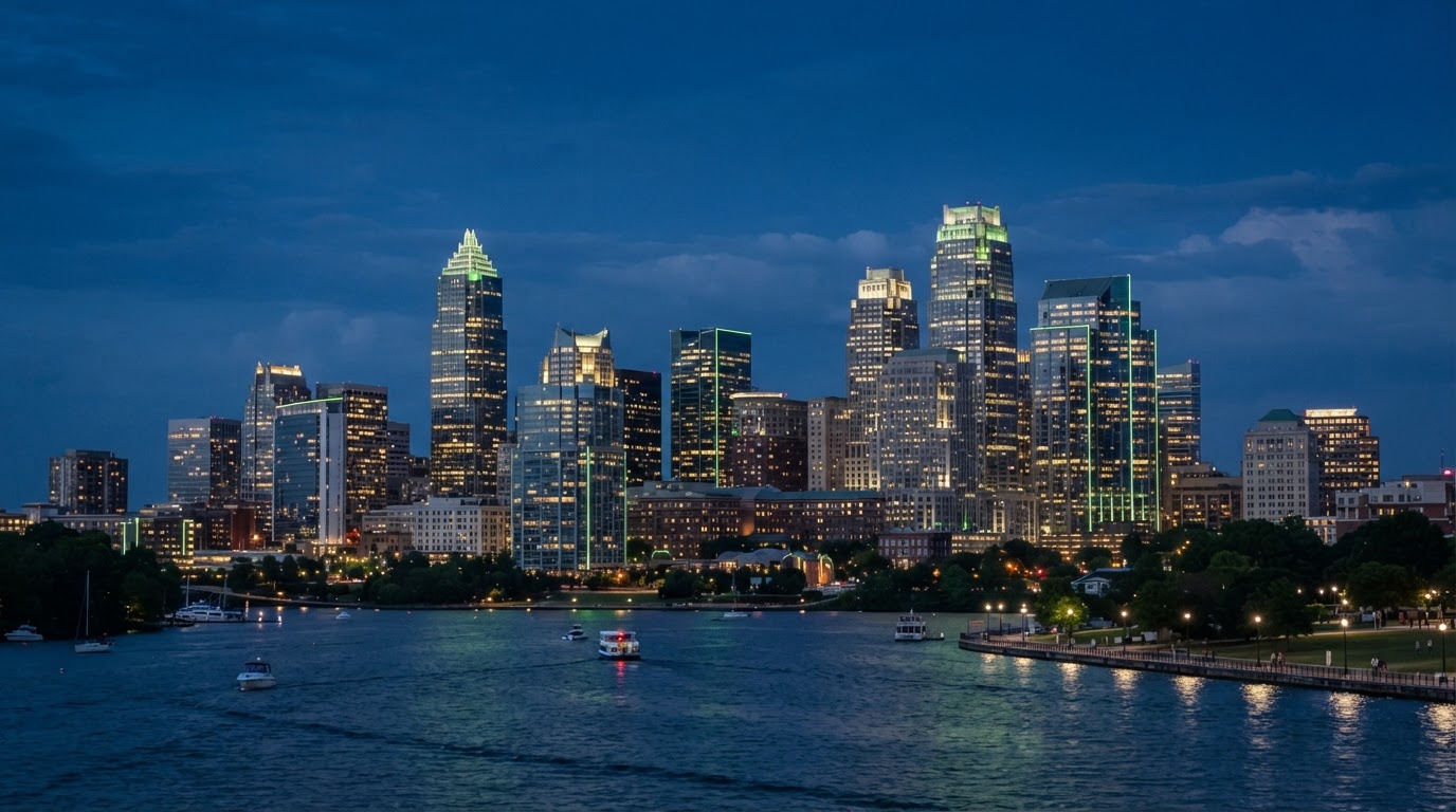 Austin, Texas city skyline with modern office towers at dusk