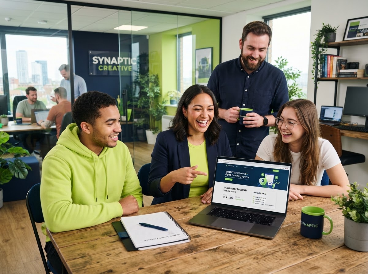 SEO Starter Package — startup team reviewing new website launch with foundational SEO