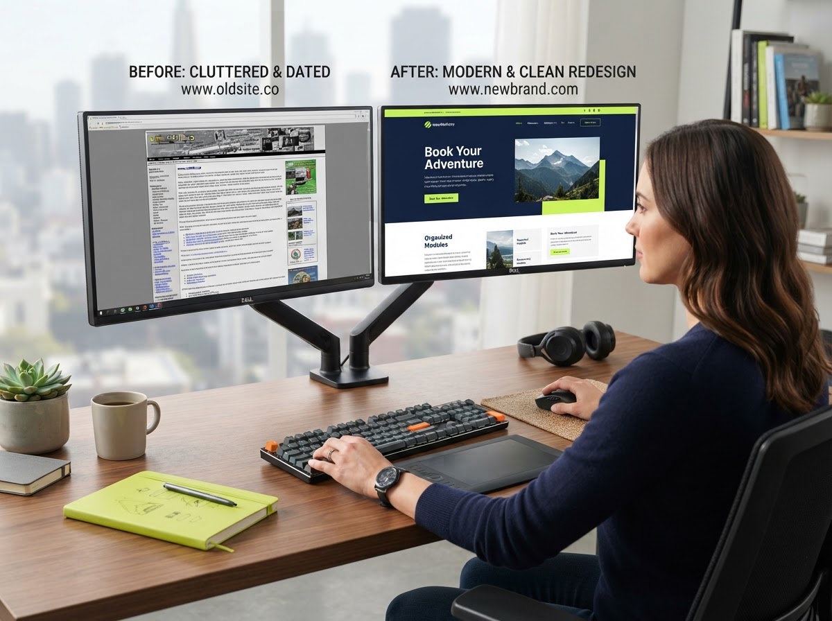 Website redesign — before and after comparison of old cluttered site to modern clean design