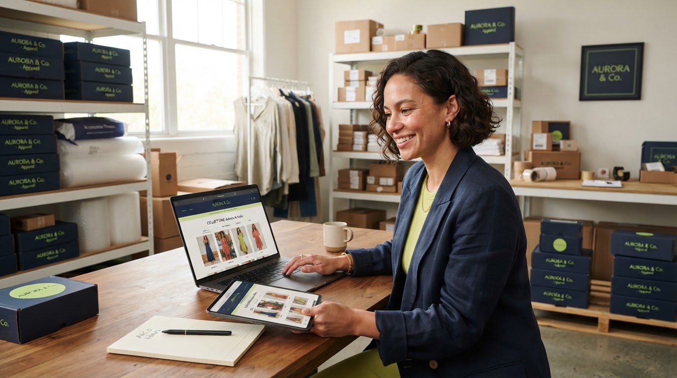Carter Goods e-commerce owner reviewing product category pages on a laptop and tablet in a modern warehouse studio
