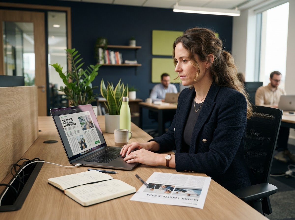 A content marketer drafting an editorial article with research sources visible on a laptop