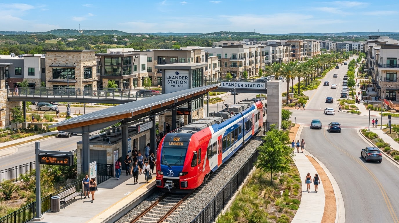 Leander, Texas MetroRail commuter station with modern commercial development