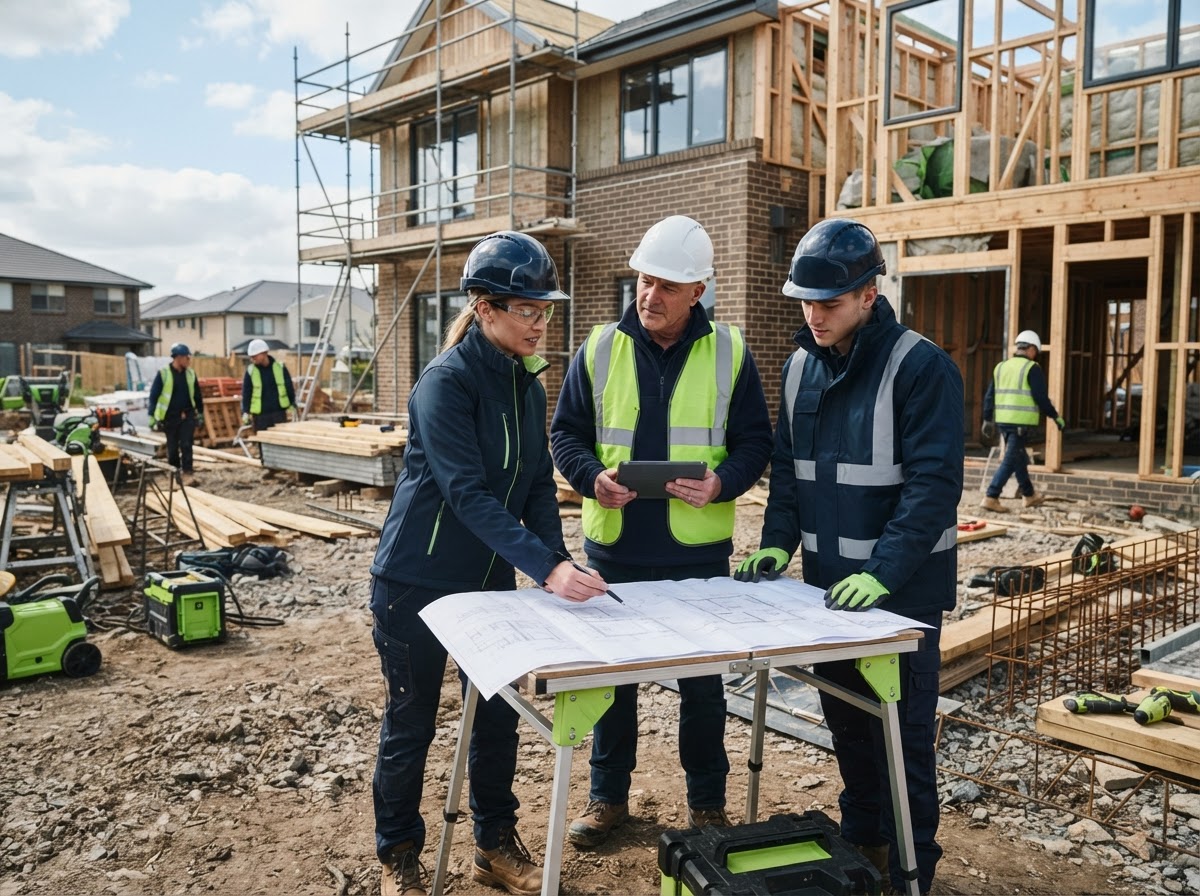 A construction site with workers in hard hats reviewing plans near a residential build