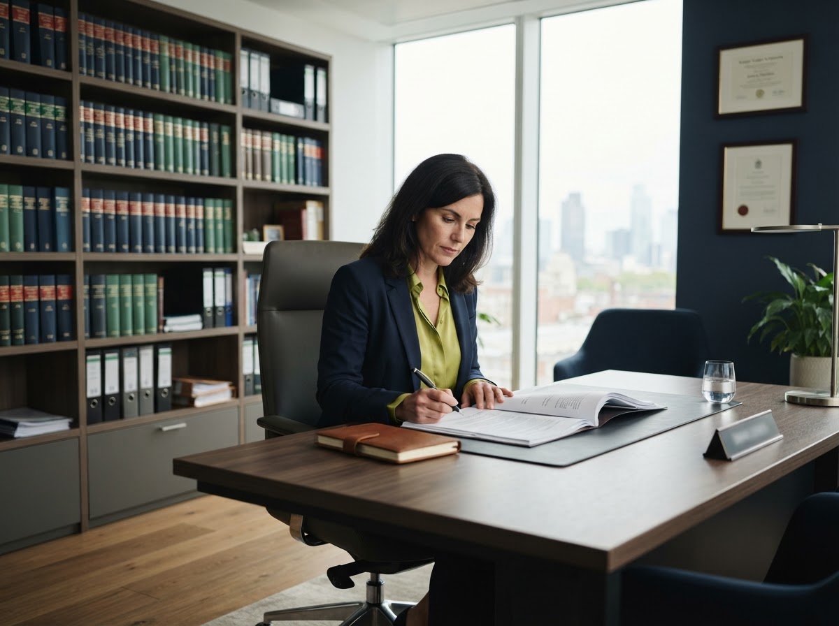 A modern law office interior with an attorney reviewing documents at a desk