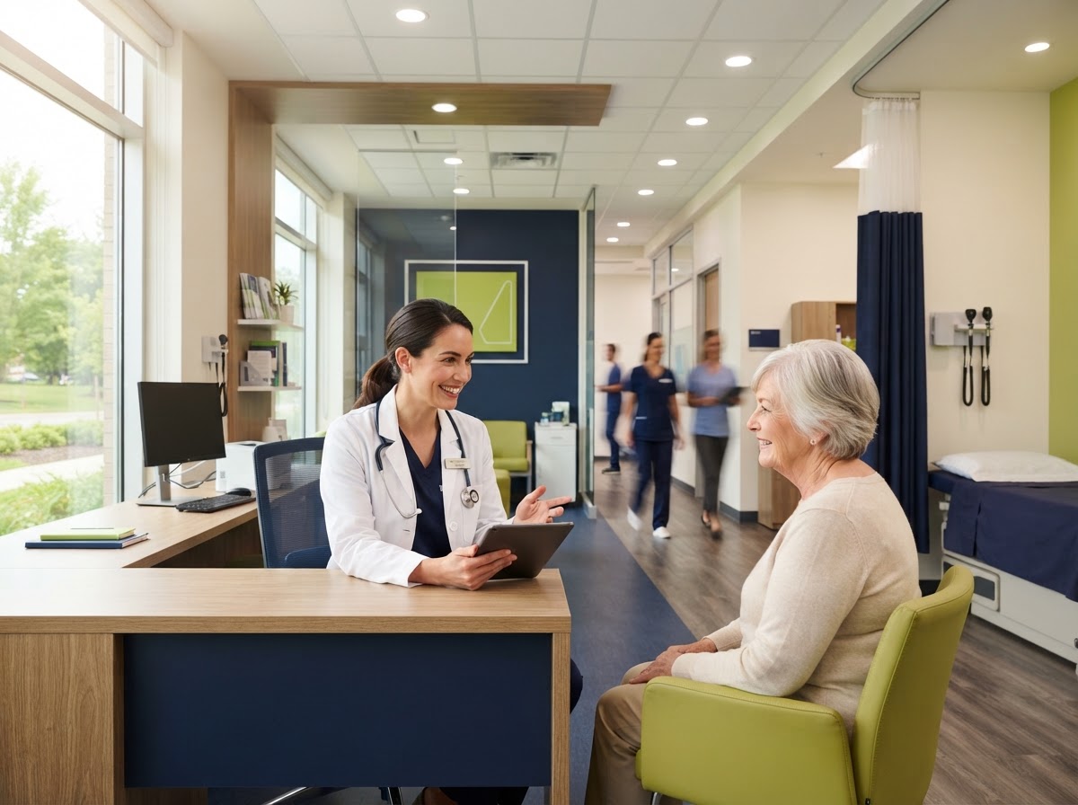A modern medical clinic interior with a healthcare professional