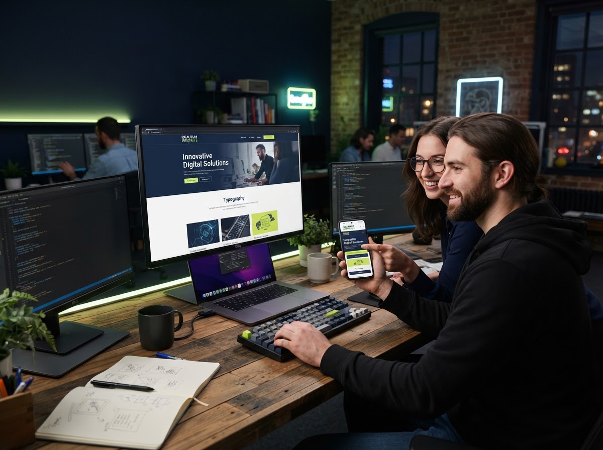 A web designer and developer building a responsive business website on a monitor and mobile device