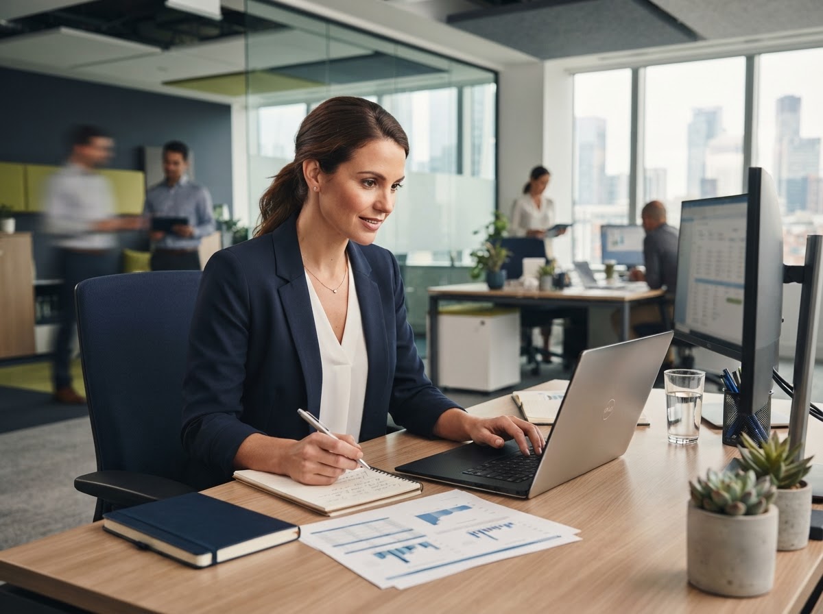 A professional services consultant working at a clean desk with a laptop