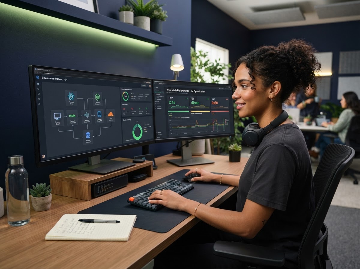 A web developer reviewing website architecture and Core Web Vitals on dual monitors