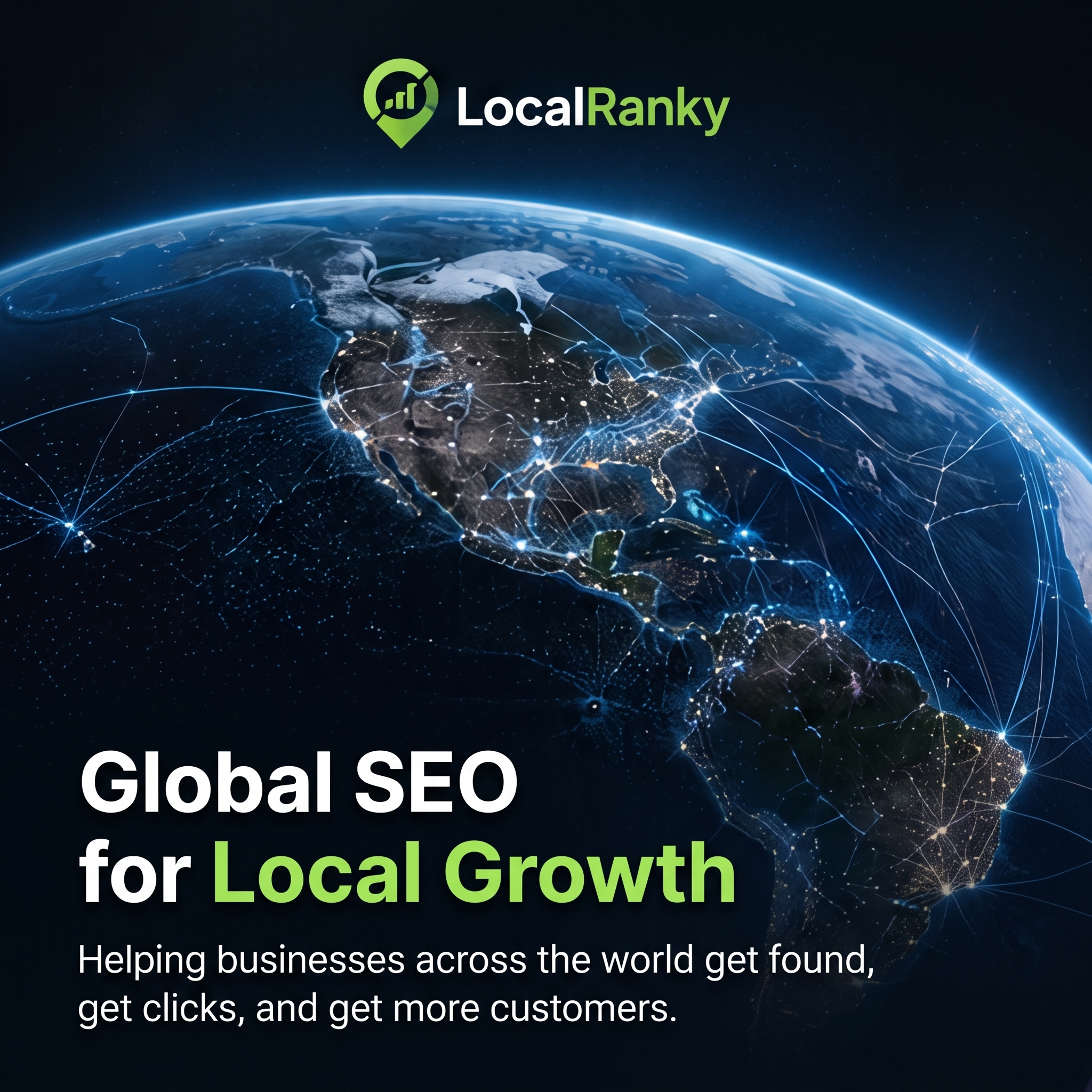 LocalRanky international SEO agency — global SEO and local SEO growth showing an interconnected world map of search visibility across the USA, UK and Canada