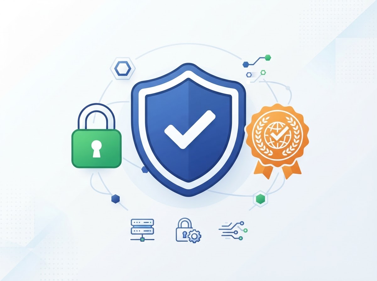數據安全示意圖：ISO 27001 認證與 SOC 2 Type 2 驗證的盾牌與鎖