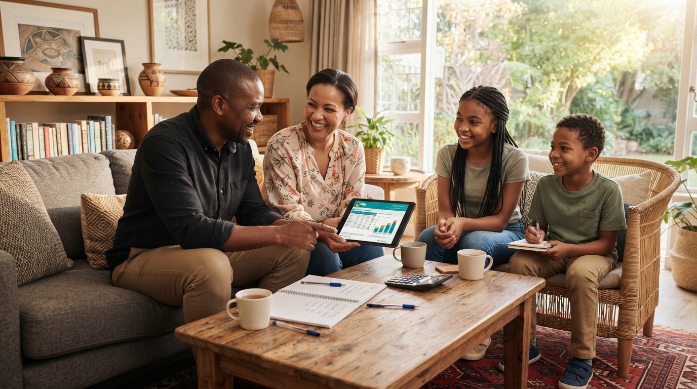 South African family discussing finances calmly at home