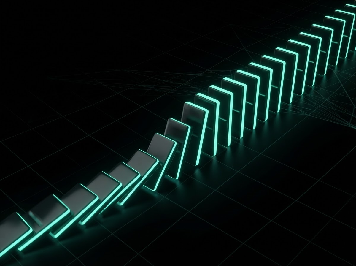 Neon-lit dominoes toppling in sequence against a black grid — representing business system friction