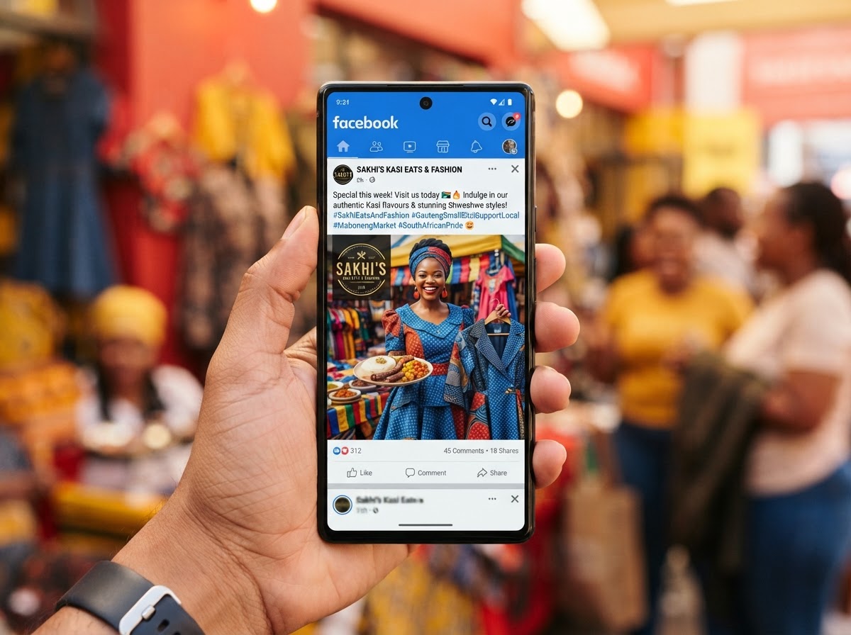 A smartphone showing a Facebook post promoting a local Gauteng business