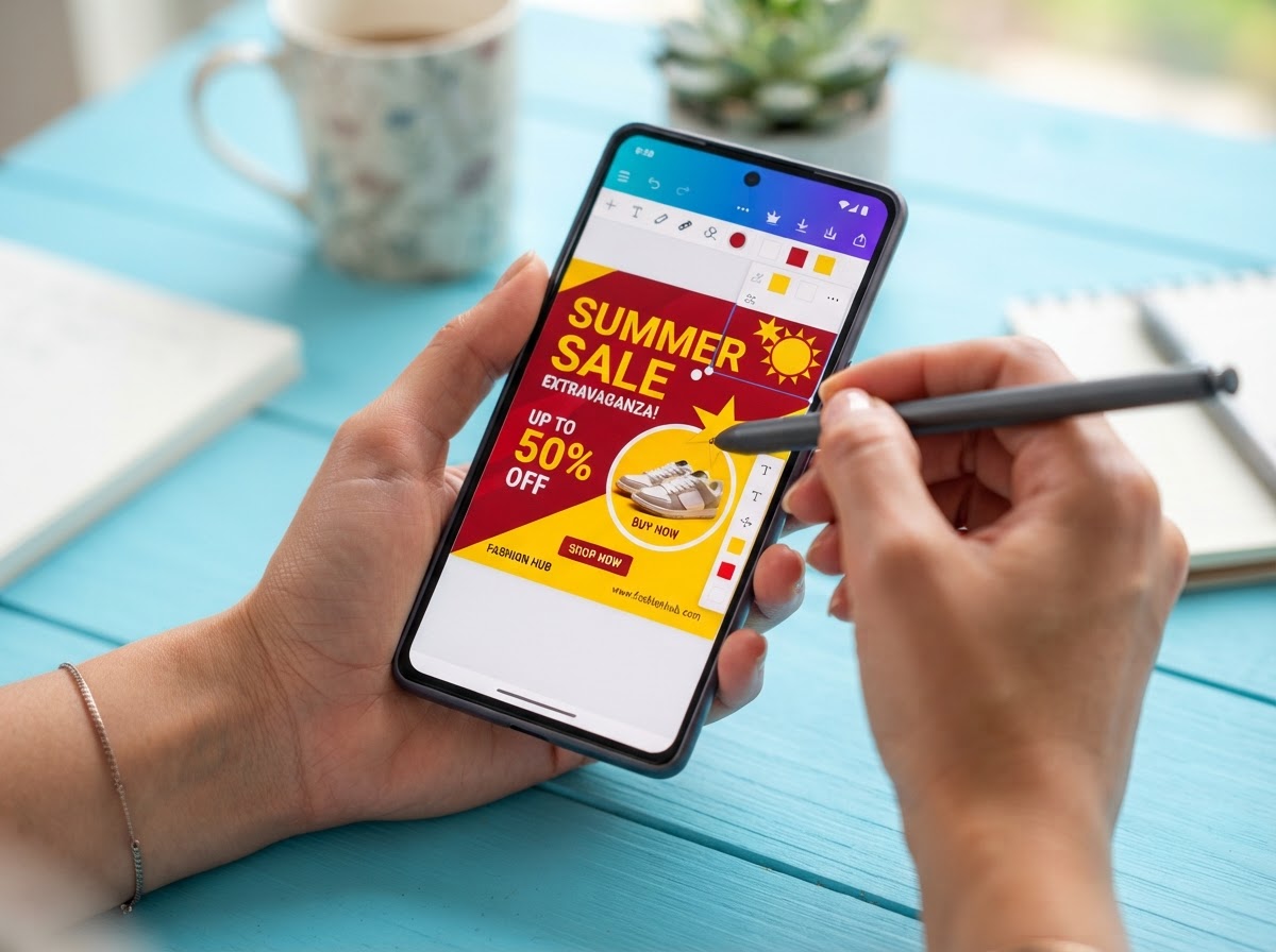 A smartphone showing the finished ad being finalised with a stylus