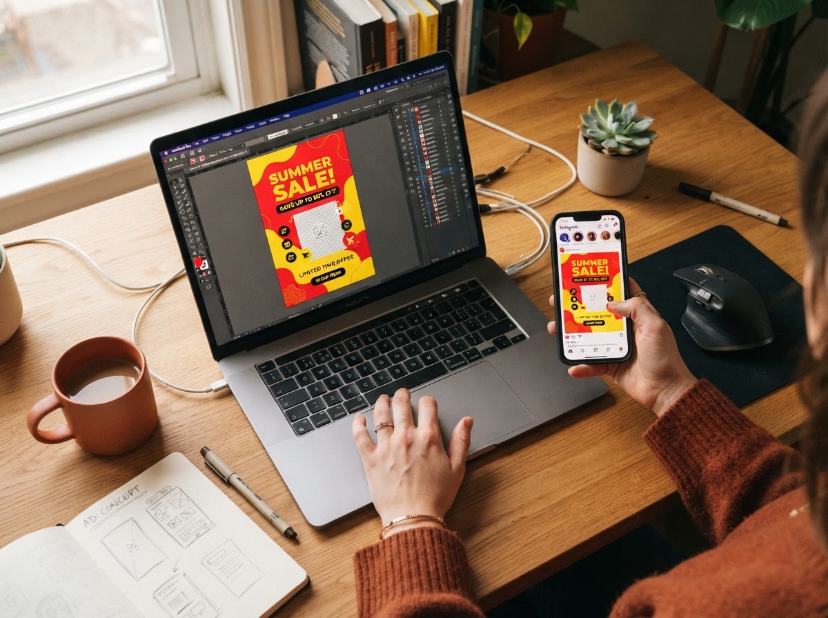 A Tams Advertising designer building a promotional ad on a laptop