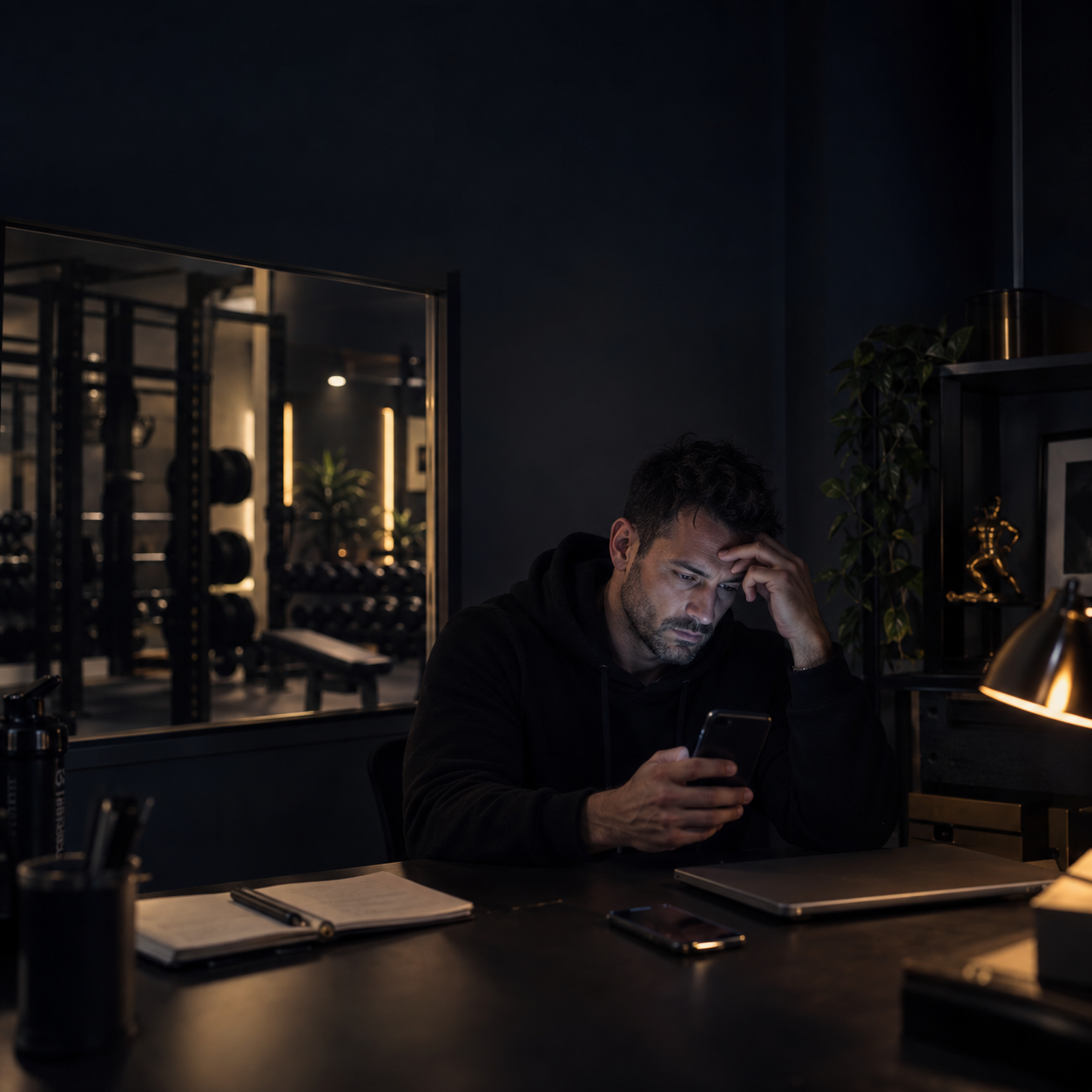 Owner seul le soir au bureau face aux chiffres et décisions