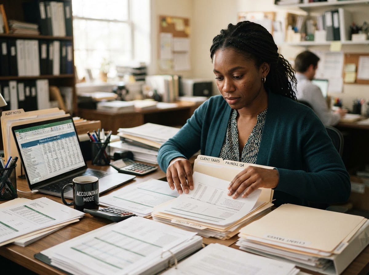 African American accounting professional organizing financial records and receipts into folders
