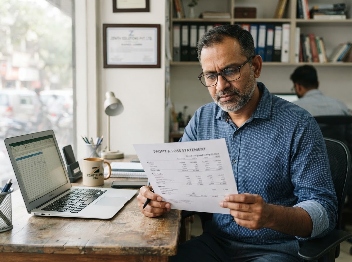 African American small business owner reviewing a printed Profit and Loss statement with a calculator