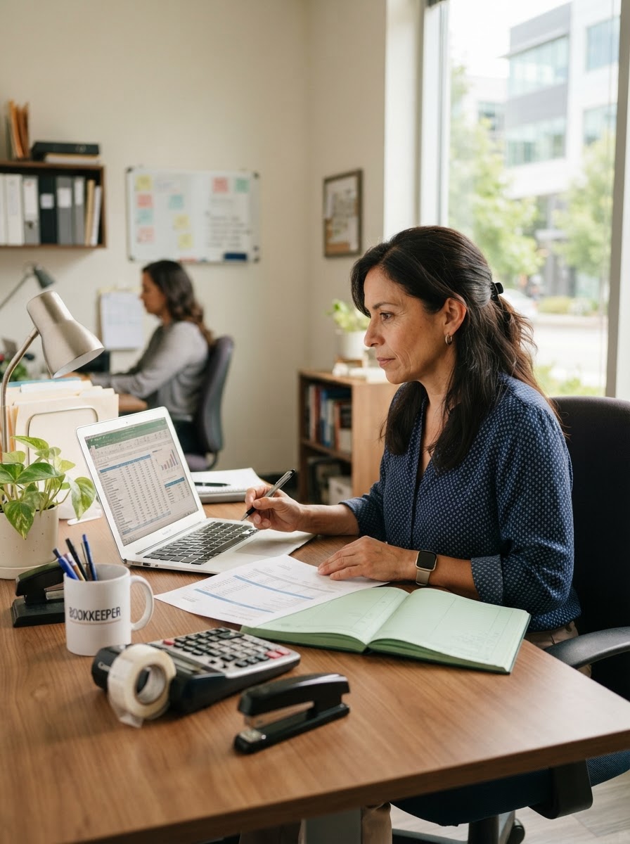 African American female bookkeeper reviewing financial documents on a laptop at an organized desk