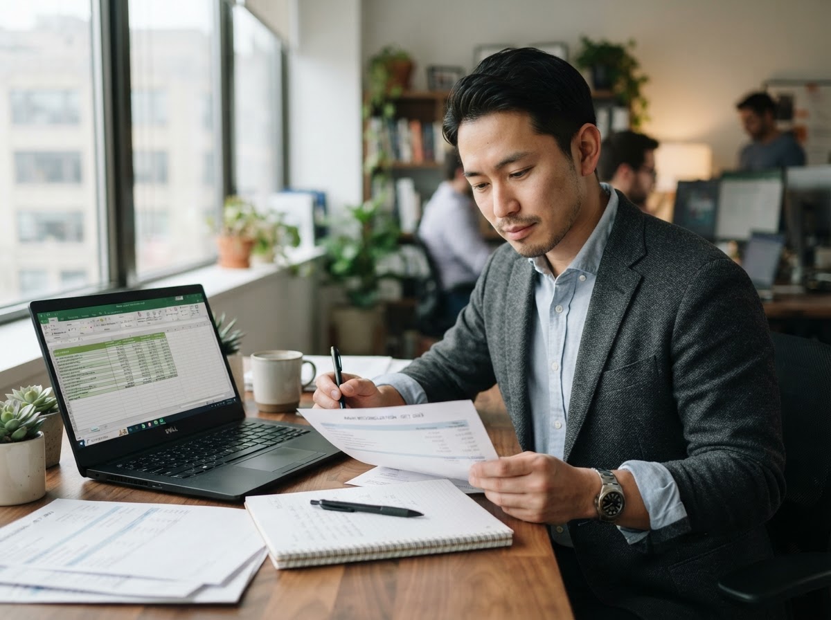 African American bookkeeper reconciling bank statements next to a laptop with a spreadsheet