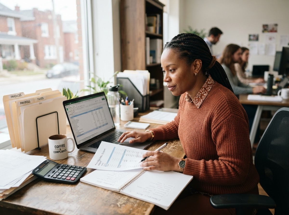 Professional bookkeeper working in QuickBooks on a laptop, reviewing organized financial records at a desk