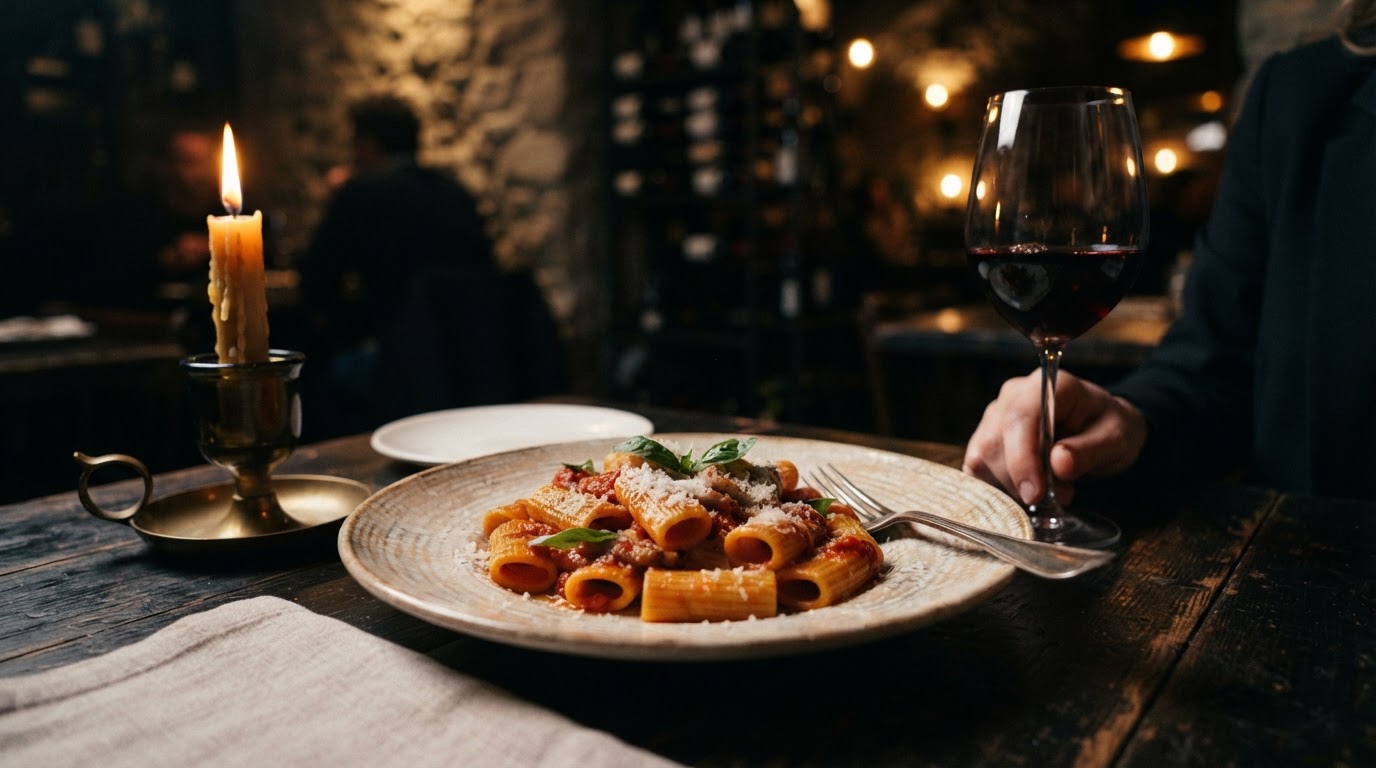 Portata di un ristorante con abbinamento di vino, illuminazione calda