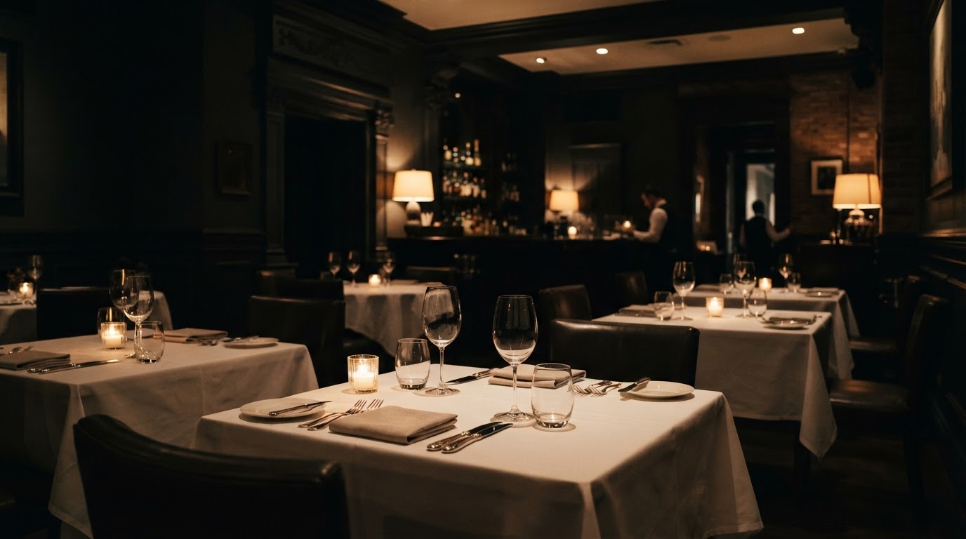 Sala di un ristorante illuminata in modo caldo e cinematografico