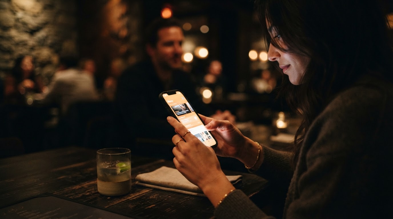Mani che tengono uno smartphone al tavolo di un ristorante, illuminazione calda