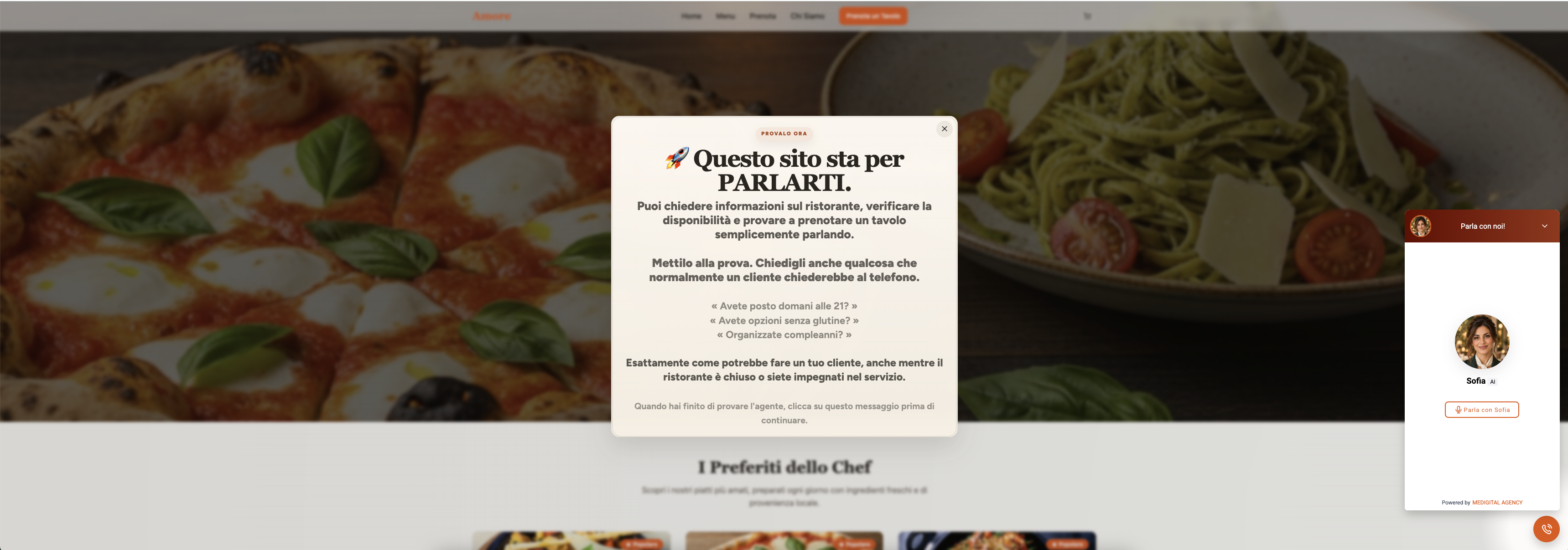 Sito demo del ristorante Amore su desktop con assistente vocale Sofia