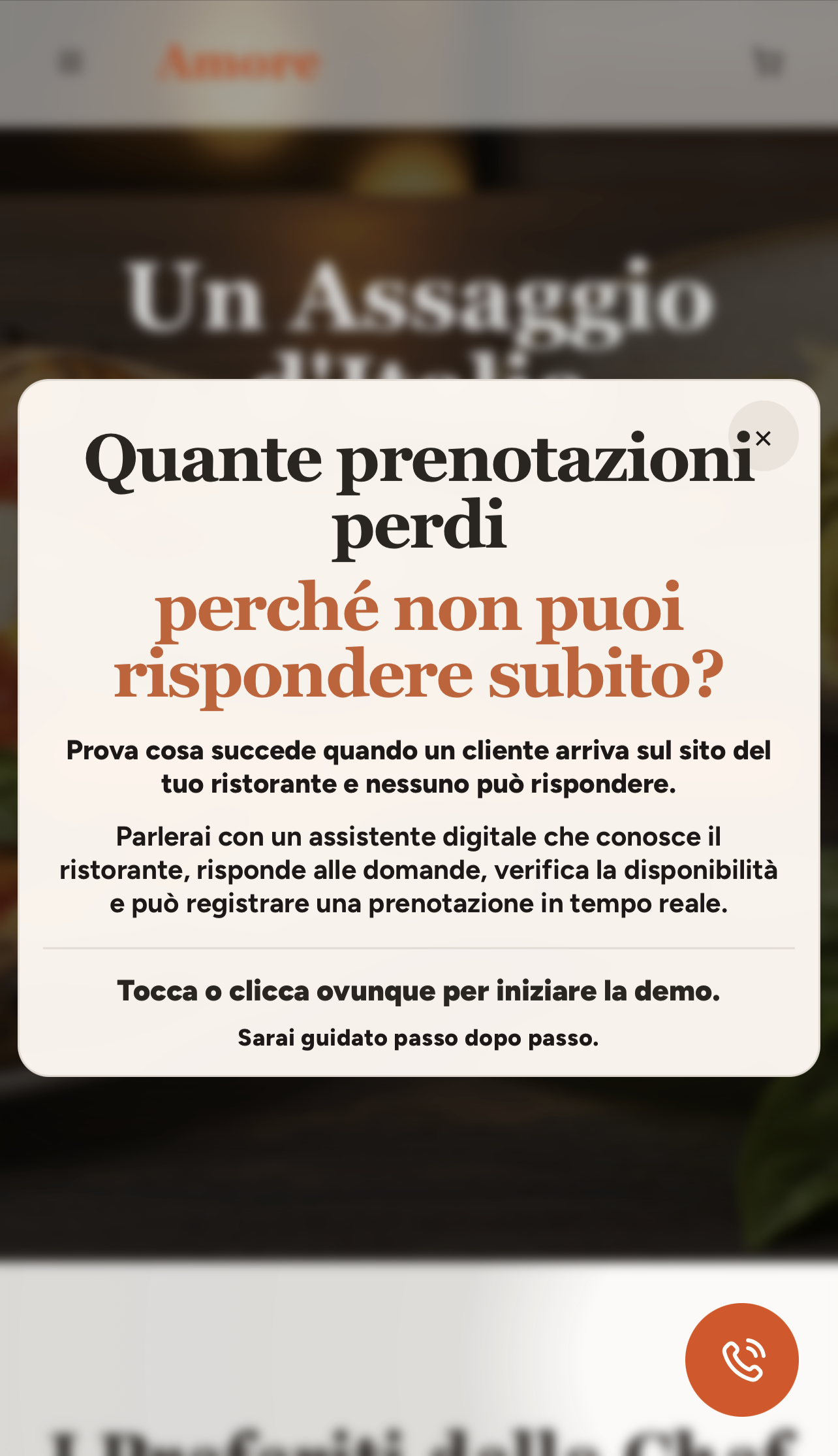 Sito demo del ristorante Amore su smartphone con simulazione prenotazione vocale