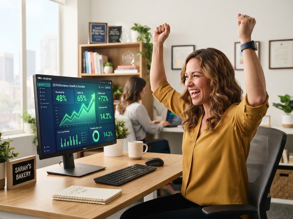 A business owner celebrating growth after seeing ranking and lead stats on their computer screen