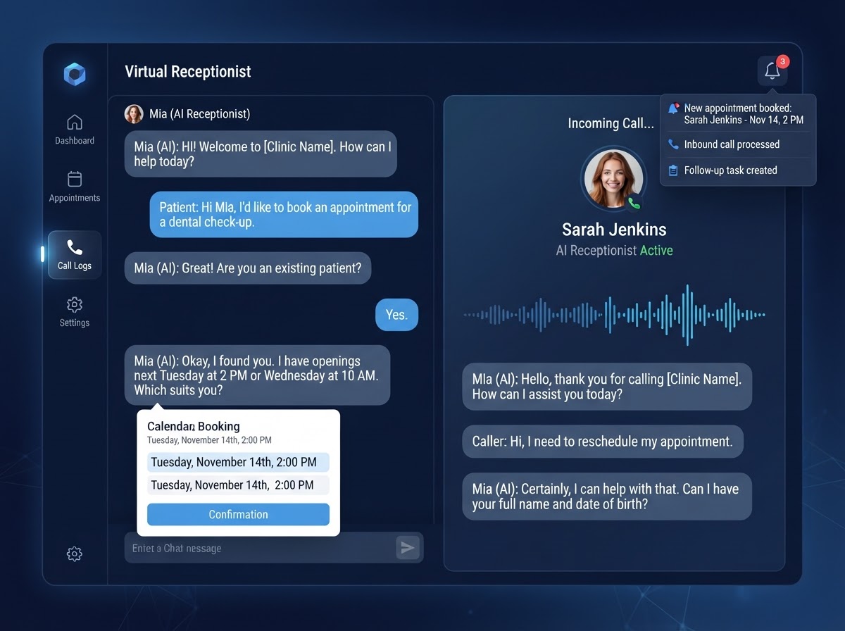 AI chatbot and virtual receptionist interface booking an appointment