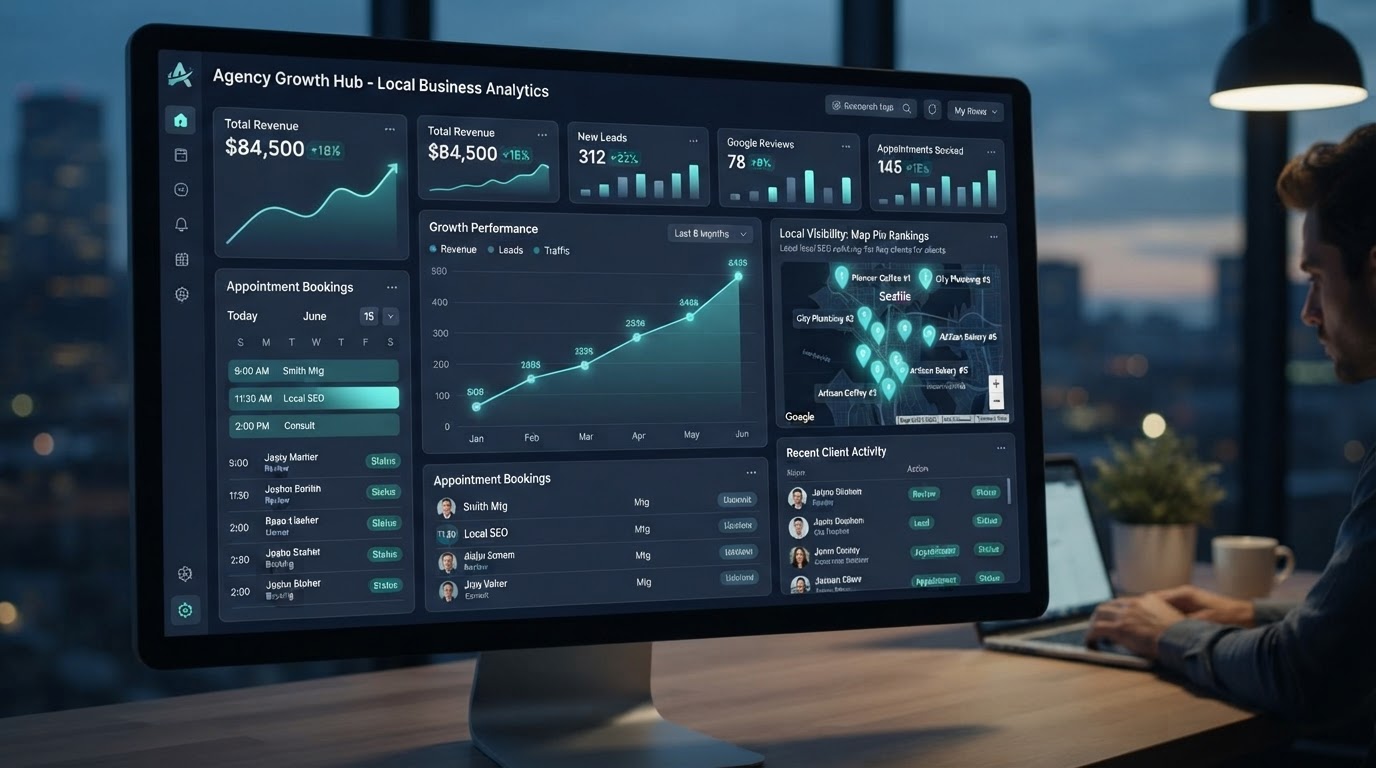 Growth Tools Hub dashboard showing ranking, reviews, and lead growth