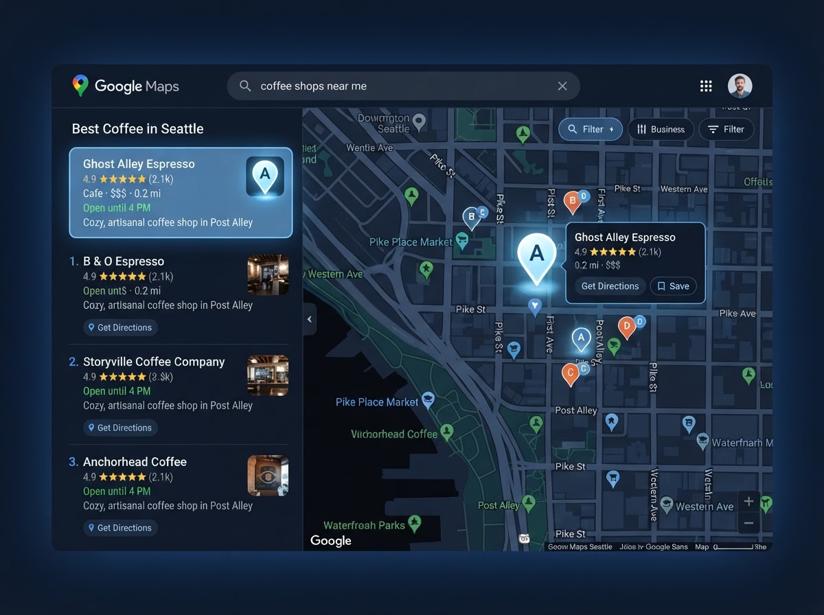 Google Maps local search showing a business ranked at the top of the map pack