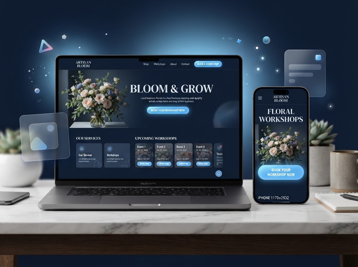 Modern local business website mockup with a booking calendar button