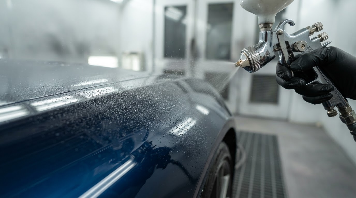 Spray gun applying clear coat in modern spray booth for car respray