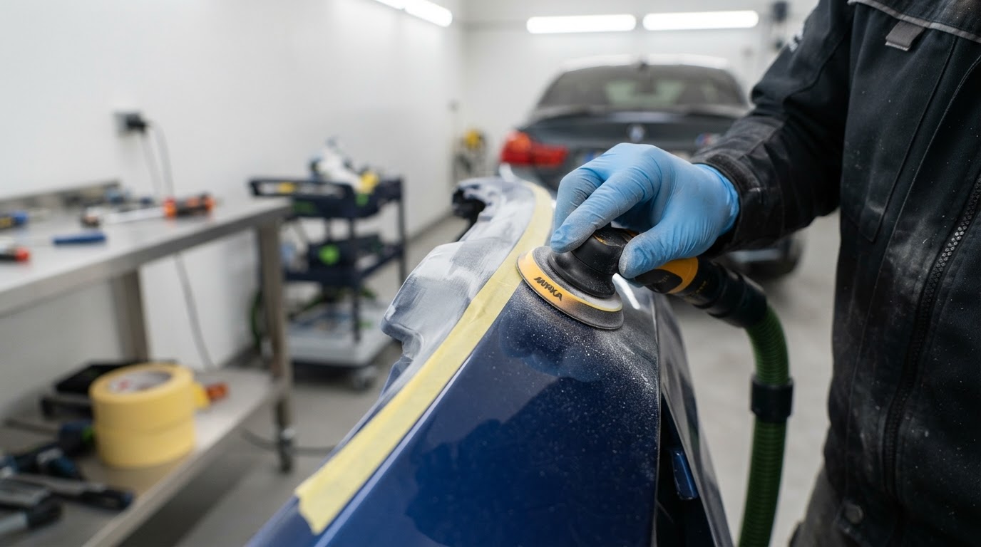 Close up automotive bumper repair prep and masking edge in workshop
