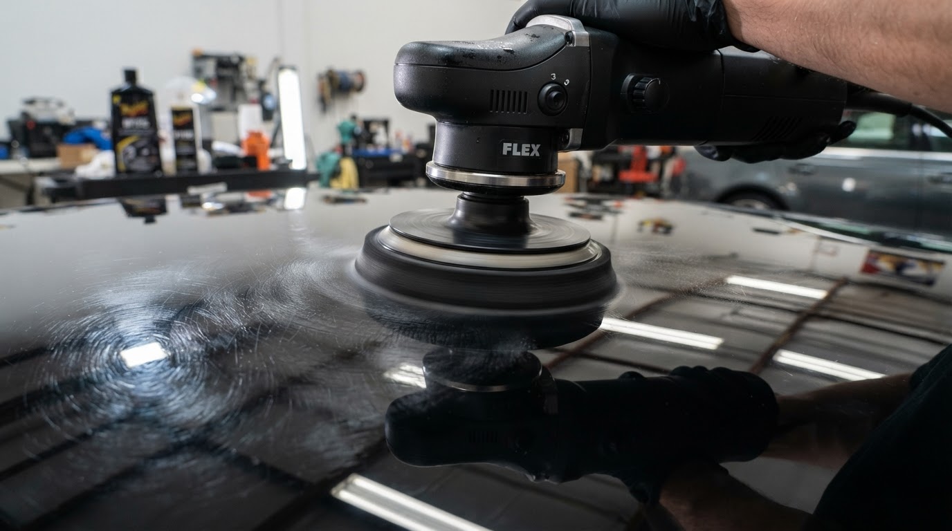 Rotary polisher machine correcting paint and swirl marks on car clear coat