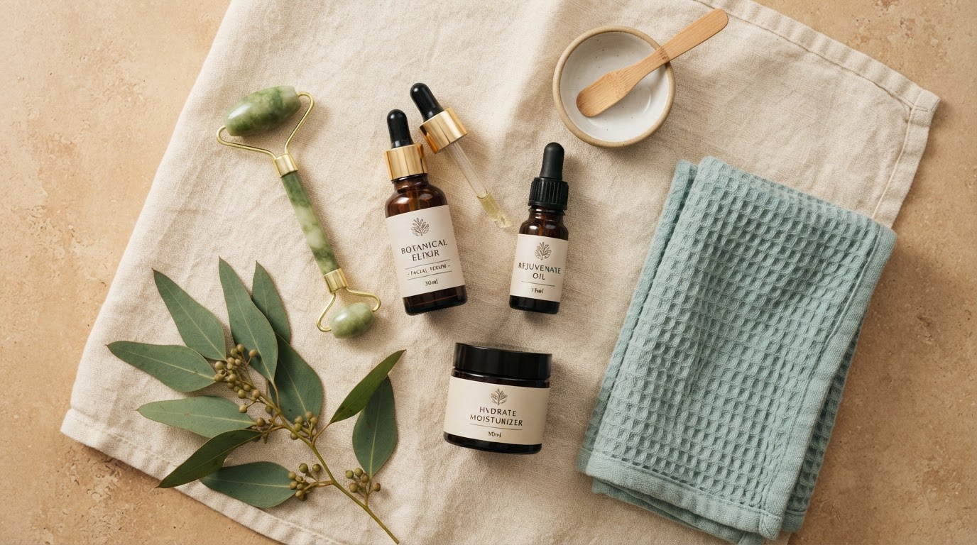 Premium skincare products arranged on warm linen