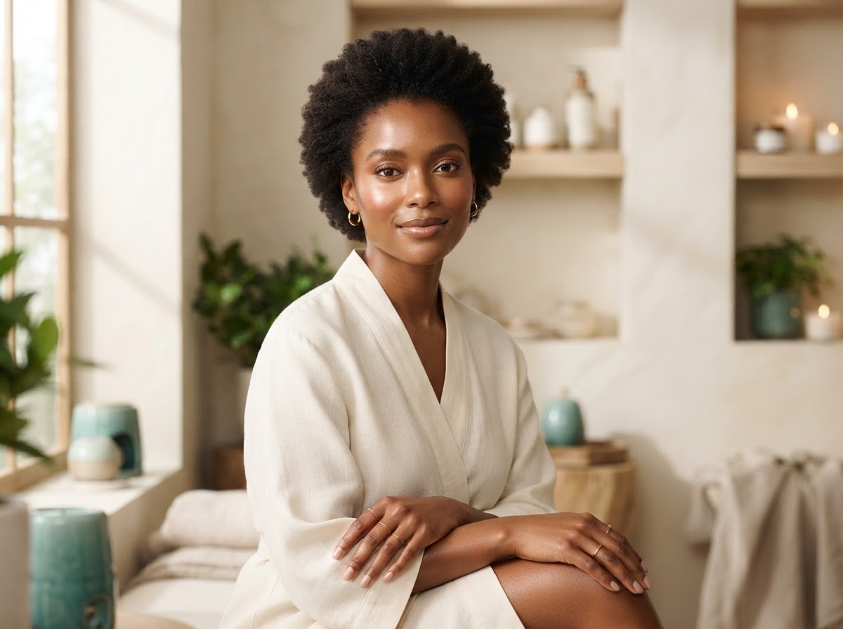 A woman with radiant, glowing melanin-rich skin