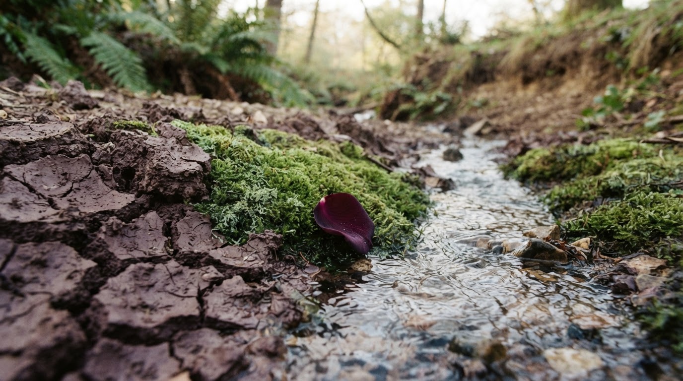 Abstract of earth and water in dialogue, deep rose, aubergine and warm cream