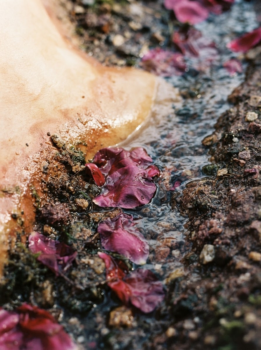 Bare skin touching wet earth and water scattered with deep rose petals