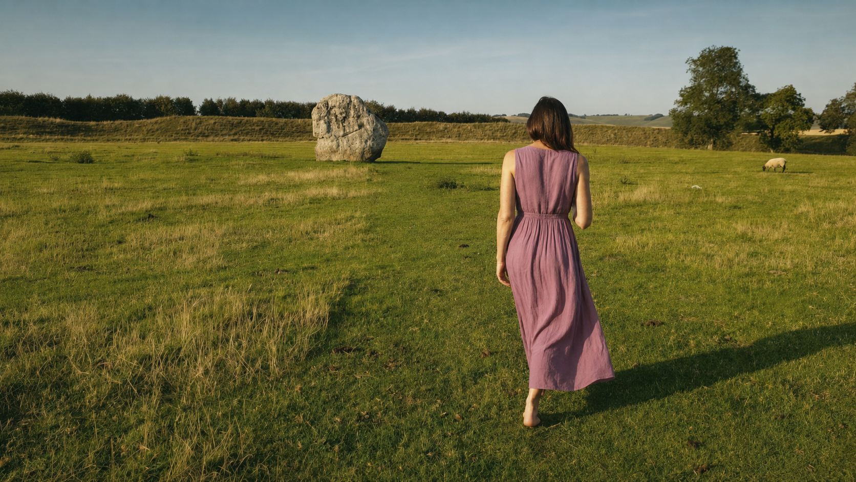 Lalena Rose walking barefoot through wild grass toward an ancient standing stone in nature