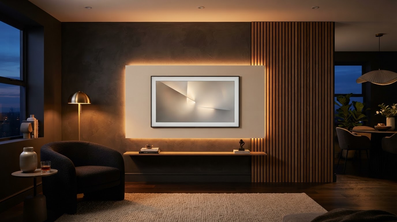 Finished media wall in a Cork home at dusk with warm LED backlighting