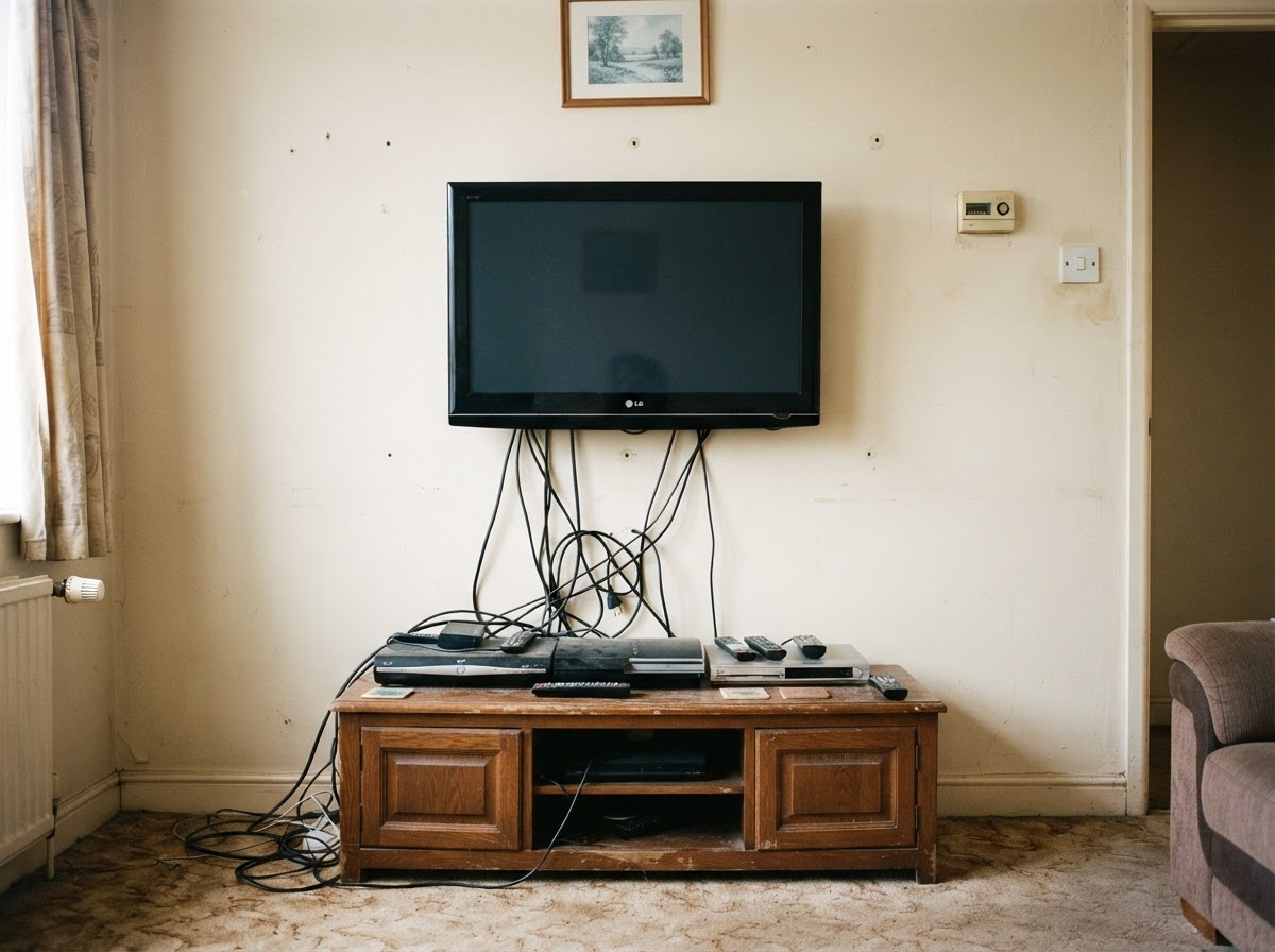 Ordinary Cork living room wall with a TV and visible cables before a media wall installation